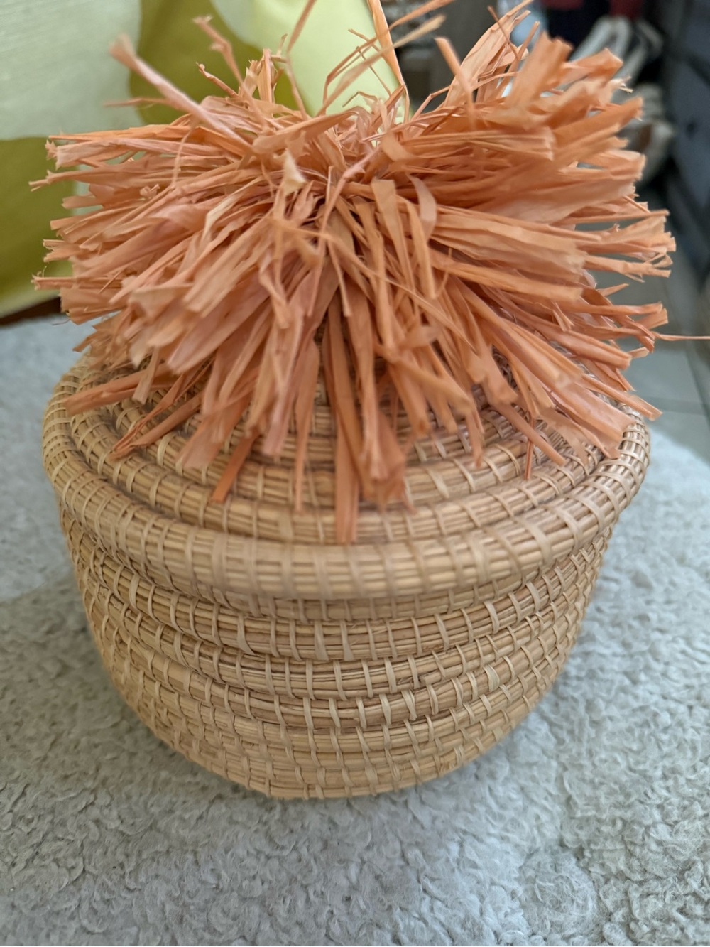 Handwoven Rattan Accent Box with Coral Raffia Pom Pom